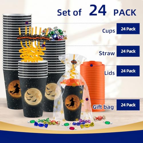 Halloween Witch Disposable Plastic Gift Cups - 16oz, 24 Sets with Lids & Straws