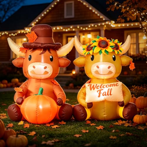 Fall Inflatable Highland Cow Couple with Pumpkin & Welcome Sign - 6 FT Outdoor Decor - Variation: Highland Cow