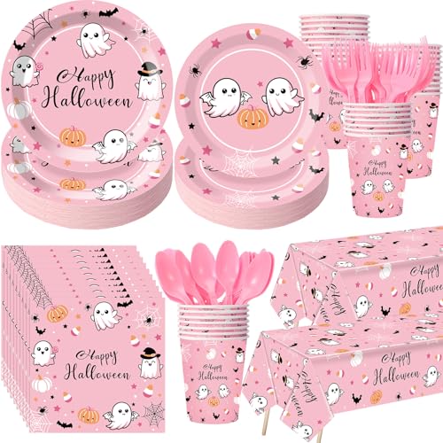 Pink Halloween Party Supplies Set for 24 Guests - Plates, Cups, Napkins & Tablecloths
