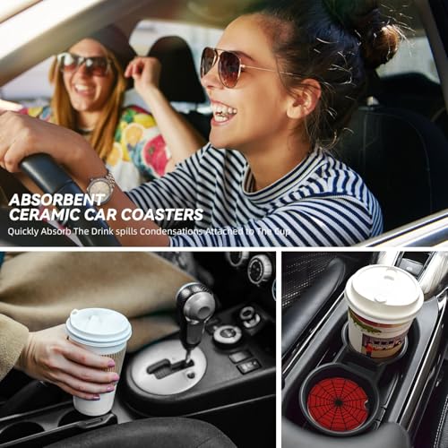 Red Spider Web Car Coasters Set - 2 Pack 2.56 Inch Absorbent Ceramic