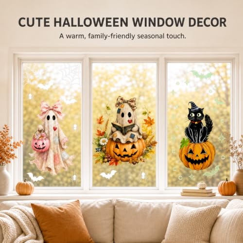 Halloween Window Clings - Cute Ghosts & Pumpkins Static Decal Set - Autumn Ghost Trio Variation