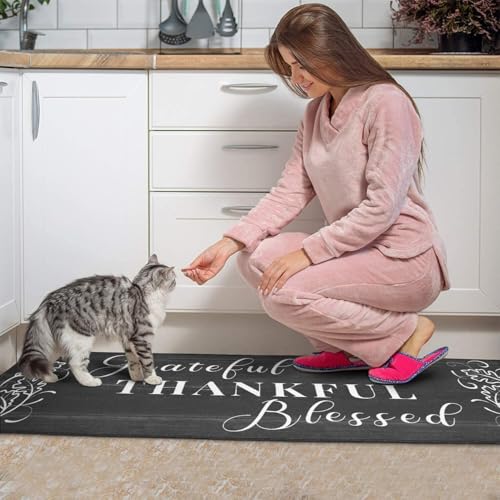 Black Thankful Blessed Kitchen Rugs Set of 2 - 17x47 & 17x30 Inch Cushioned Non-Slip Mat