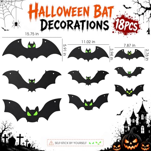 Halloween Bat Decorations Set with Glowing Eyes - 18 Pcs, Indoor Outdoor