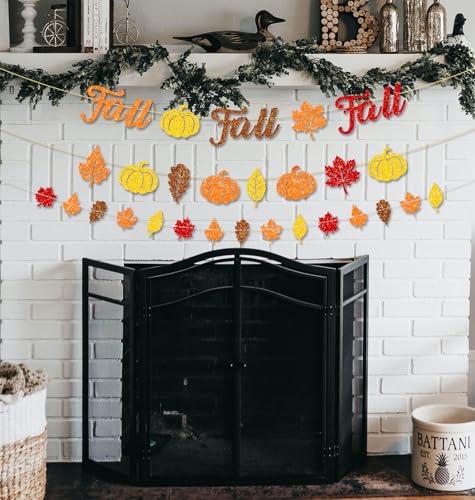 Fall Banner and Garland Set with Glitter Leaves and Pumpkins for Autumn Party Decorations