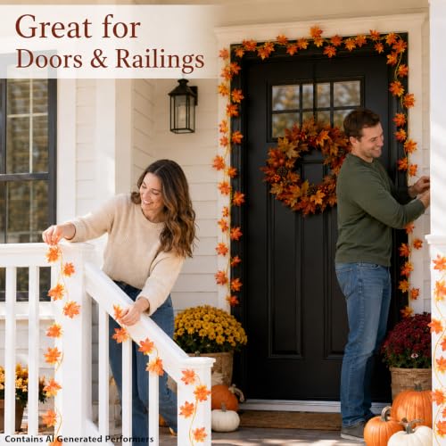 Autumn Maple Leaf Garland - 12PCS Fall Artificial Vines in Red-Orange - Indoor Outdoor Decor
