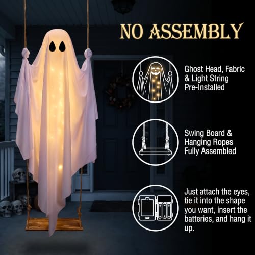 Outdoor 5FT Hanging Swing Ghost Halloween Decoration with LED Lights