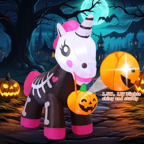 5FT Halloween Inflatable Skeleton Unicorn with LED Lights Outdoor Yard Decor