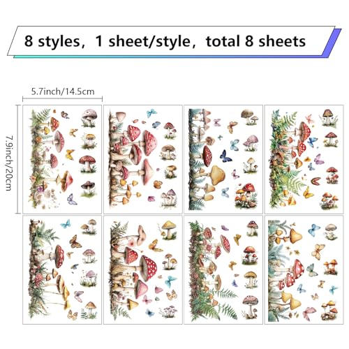 8 Sheets Mushroom Window Stickers - Translucent Waterproof Wall Decals for Bedroom Home & Restaurant