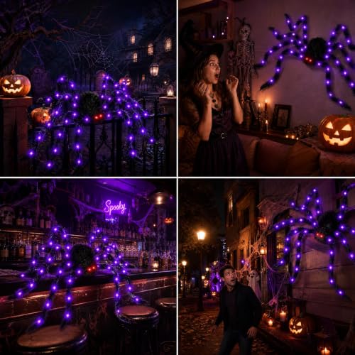 Giant Light Up Halloween Spider Decoration, 50 Inch Outdoor Indoor, Glowing Purple Lights & Red Eyes, Bendable Legs, 8 Light Modes