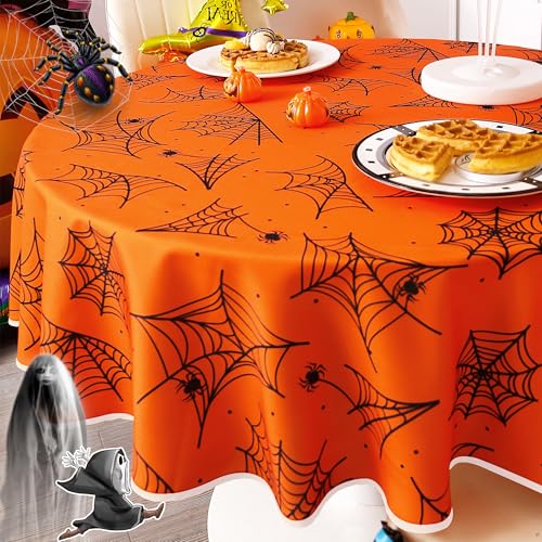 Orange 60-Inch Waterproof Spider Web Halloween Tablecloth - Round, Washable Party Decor