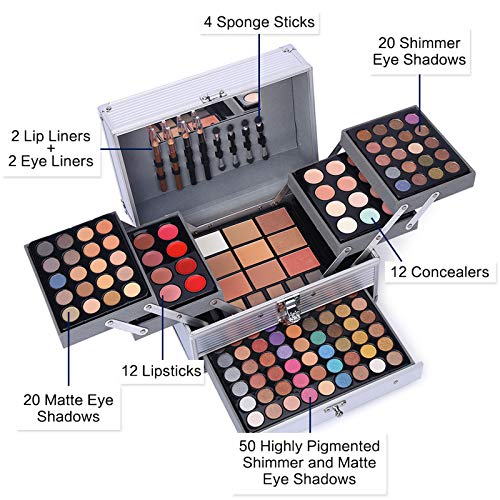 All-in-One Makeup Gift Set Kit Silver - 132 Color Palette with Brushes & Accessories