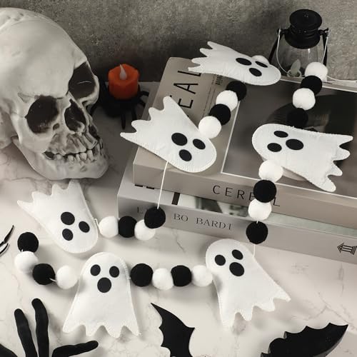 Halloween Ghost Felt Garland with Pom Poms - 4 Ft Spooky Party Decor