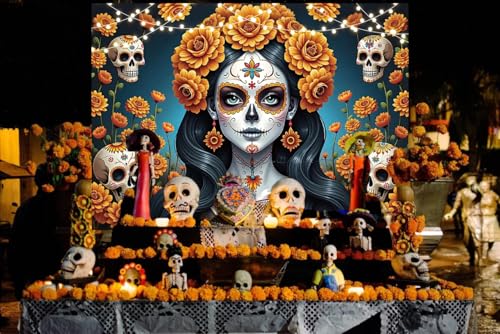 Dia De Los Muertos Backdrop 8x6FT Mexican Fiesta Sugar Skull & Marigold Party Banner