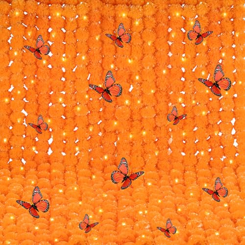 Halloween Marigold Garland with LED Lights & Butterfly Decor - 24 Pieces, 5ft