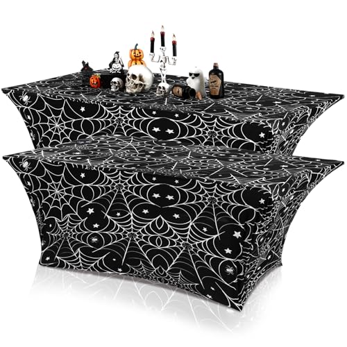 Halloween 2 Pack White and Black Spider Web Tablecloths - 6 ft Rectangular Spandex Table Cover for Parties & Events