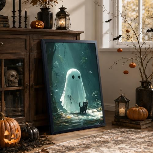 A-Little Devil Walking The Cat Framed Halloween Wall Art - 16x24 Inch