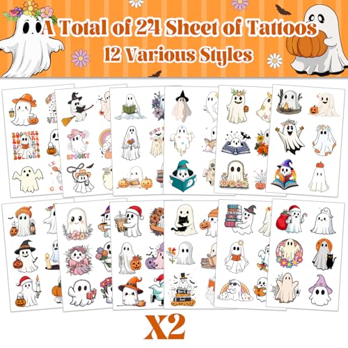 Halloween Ghost Temporary Tattoos Stickers - 24 Sheets, Party Favors & Decorations