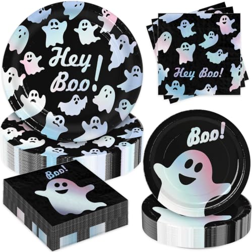 Halloween Paper Plates and Napkins Party Supplies - Dazzling Ghost Design, Serves 60