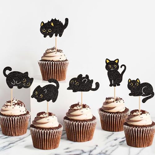 Cat Cupcake Toppers Black Glitter Silhouette 24Pcs - Variation Cat-3