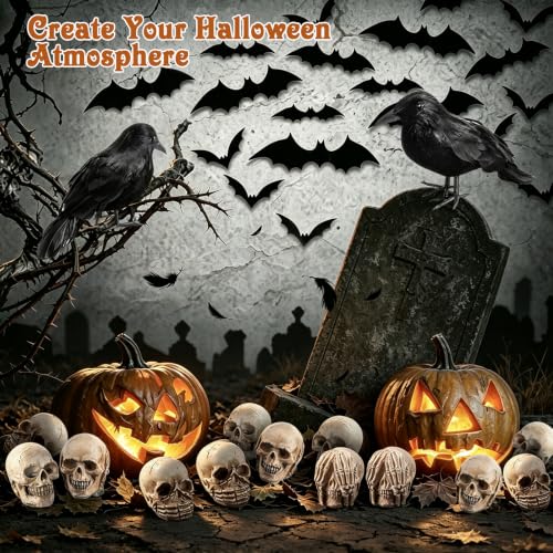 Halloween Decorations Set with Black Crows, Mini Skulls & Bats - 162 Pieces
