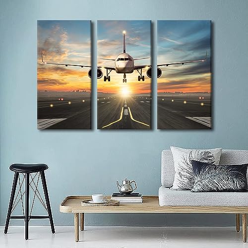 Three-Piece Canvas Wall Art Set - Sunset Sky Airplane Rural Landscape, Framed & Ready to Hang, 42x28 Inches - Variation 17