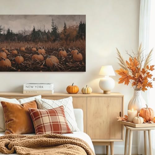 Large Fall Pumpkin Patch Canvas Wall Art - Framed 40x20 Inches - Orange Pumpkin Field