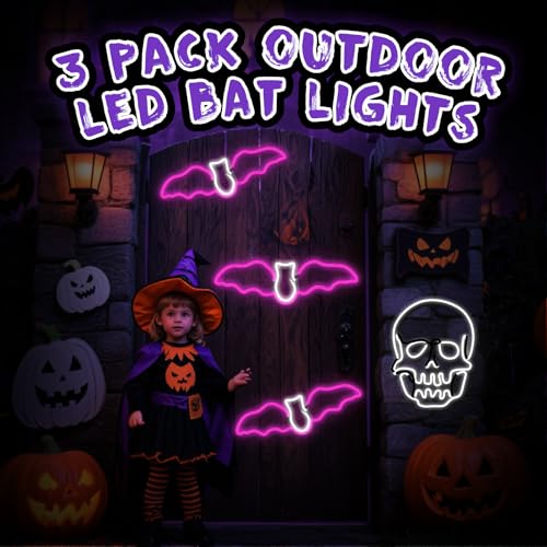 LED Neon Bat Lights Halloween Decor - 3 Pack Pink & White Hanging Bats, 20 Inches, Outdoor Waterproof