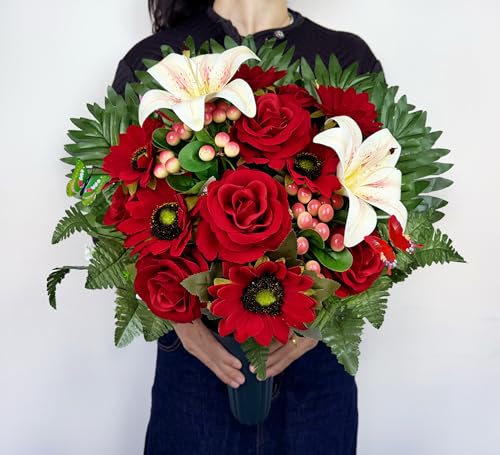 Artificial Cemetery Flowers for Grave Decorations - Realistic Rose Gerbera Lily Bouquet with Vase & Butterfly