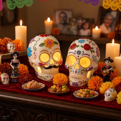 Day of The Dead Sugar Skull Decorations Set - Light Up Resin Skeleton Figures with Floral Details - Variation of THIS Listing