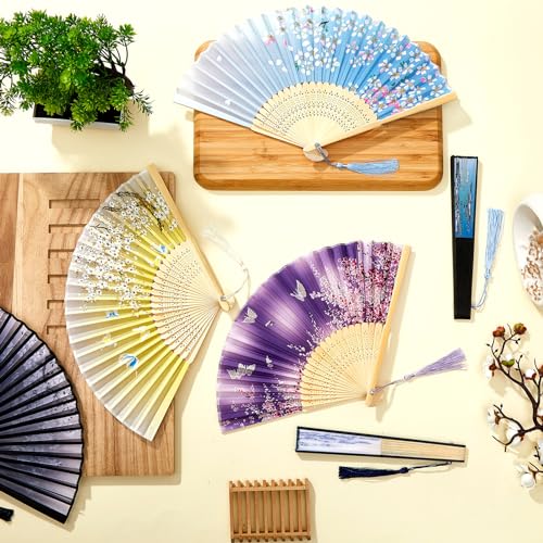 Japanese Folding Fans Set - 20 Hand Fans with Tassels & Floral Patterns - Fresh Style