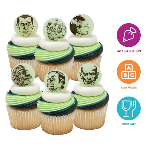 Halloween Monster Cupcake Toppers - Glow-in-The-Dark Plastic Cake Rings, 24 Pack