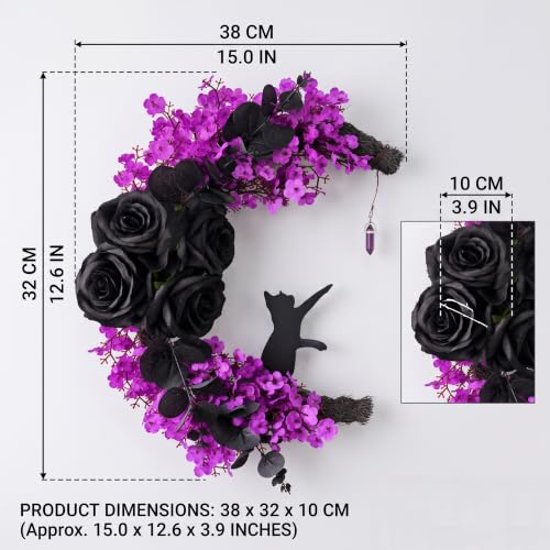 Halloween Moon Wreath 15 Inch Gothic Black Cat Decor with Faux Roses & Purple Flowers