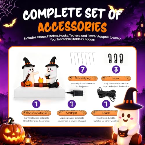 Inflatable Ghost Bonfire Halloween Yard Decorations - 5.5FT Twin Ghosts with LED Lights, Stakes & Hooks