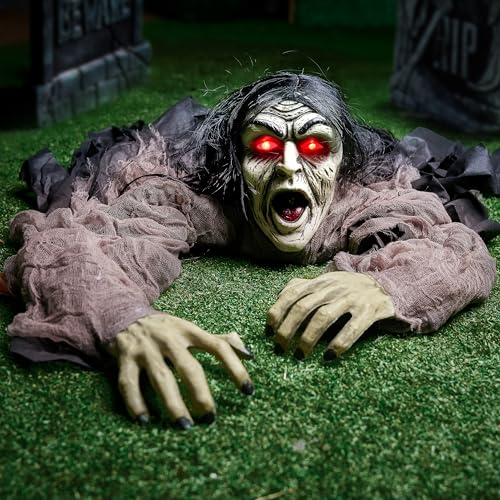 Halloween Zombie Decorations Outdoor Hanging Zombie Prop with Green Face and Lighted Eyes - Brown & Black Variation