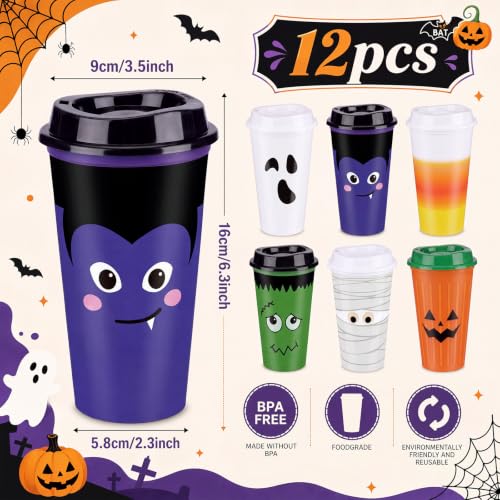 Halloween Reusable Coffee Cups with Lid - 12 Pack, 16 oz, Ghost & Monster Design - Grimace Variation