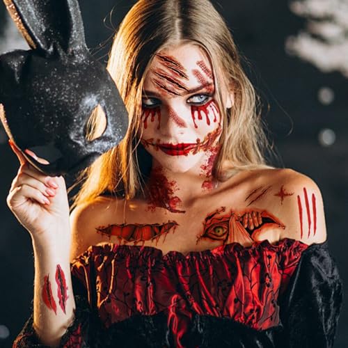 Zeecdatoo Red Halloween Fake Scar Wound Tattoos Kit - 30 Sheets, 220+ Temporary Face Tattoos for Zombie, Chucky Costume