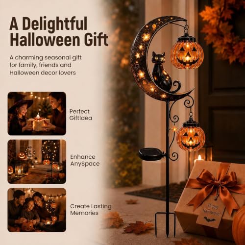 Solar Halloween Garden Stake Light with Black Cat & Pumpkin Moon - Style A