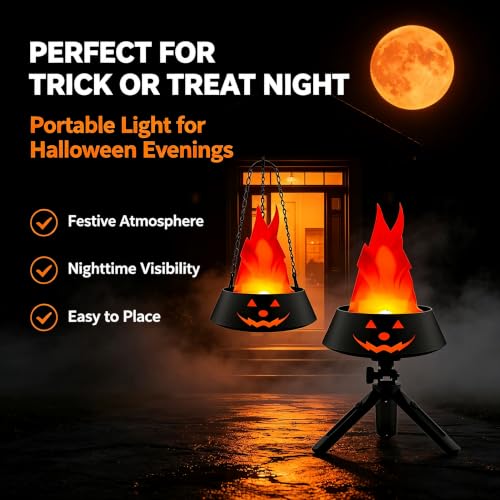 Halloween Flame Lantern Black & Red Pumpkin Hanging Light - Reusable Flame Effect