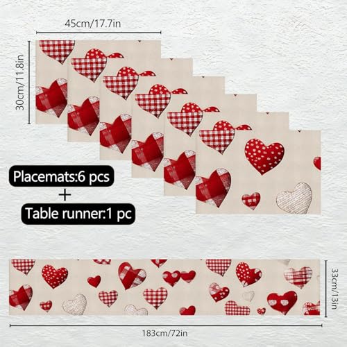 Valentine's Day Table Runner & Placemats Set of 6 - Red Heart Design, Romantic Dining Decor - Variation 148