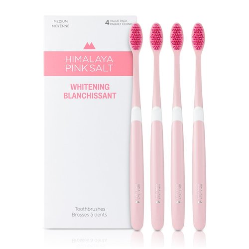 HIMALAYA PINKSALT Natural Toothbrush 4 Count - Medium Toothbrushes for Adults, Plaque Remover for Teeth, Tapered Bristles Gentle on Teeth and Gum, Deep Clean Toothbrush