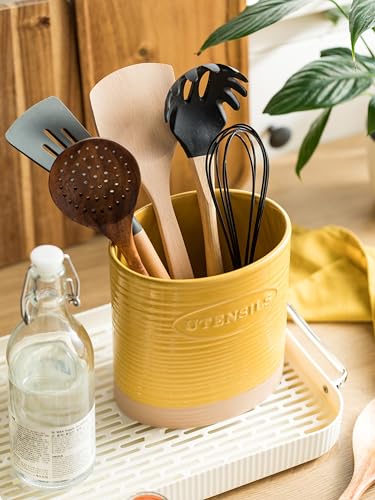 Ceramic Kitchen Utensil Holder with Yellow & Clay Finish - 6.7 Inches, Organize Countertop