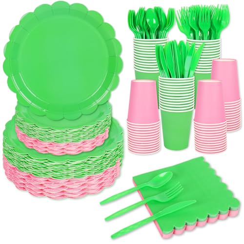 Halloween Witch Party Tableware Set for 50 Guests - Green & Pink Disposable Plates Cups Napkins Utensils
