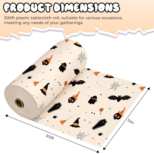 Halloween Plastic Table Cover Roll 54 Inch x 300 Feet - Ghost Bat Decor Variation
