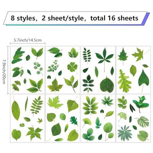Green Leaf Wall Stickers for Windows - Self-Adhesive Vinyl Decals, Waterproof, 8 Sheets - Leaf-210