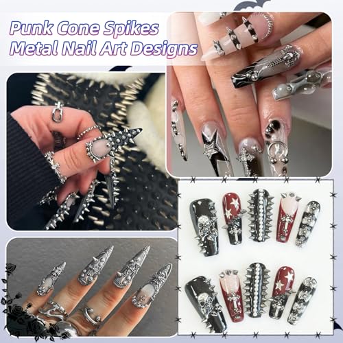 Black Silver Metal Spike Nail Charms Punk Nail Art Studs Set - DIY 3D Decals