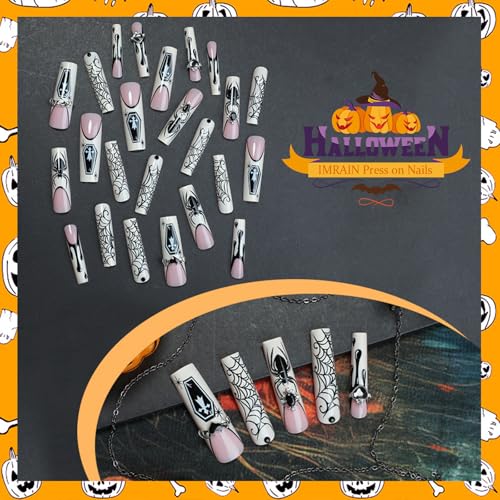 IMSOHOT Halloween Extra Long Square Press-On Nails with Black Spider Web Design - White & Black 77B-0014