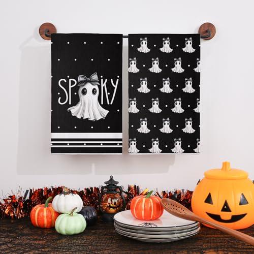 Halloween Kitchen Towels Set of 2 18x26 Inches Spooky Black Ghost Decor