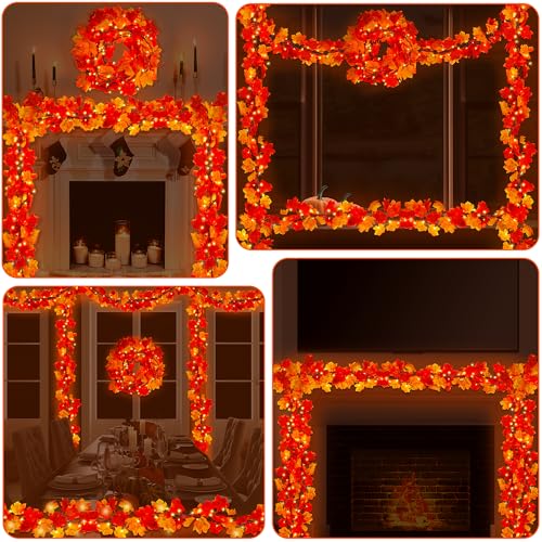 2-Pack 18FT Plug-In Fall Garland with Lights for Thanksgiving & Halloween Decor - Orange Leaves