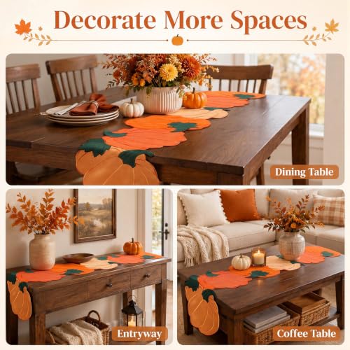 Fall Pumpkin Embroidered Table Runner, Autumn Decor for Thanksgiving & Halloween