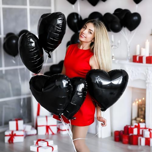 Deep Black Heart Foil Balloons - 18 Inch Halloween Party Decorations, 12 Pack